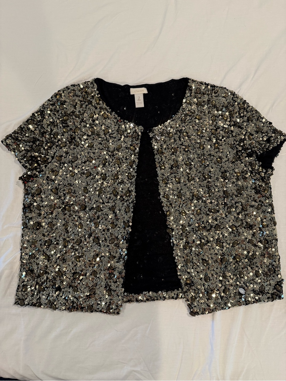 Chico's Silver Sequin Short Sleeve Open Front Jacket
